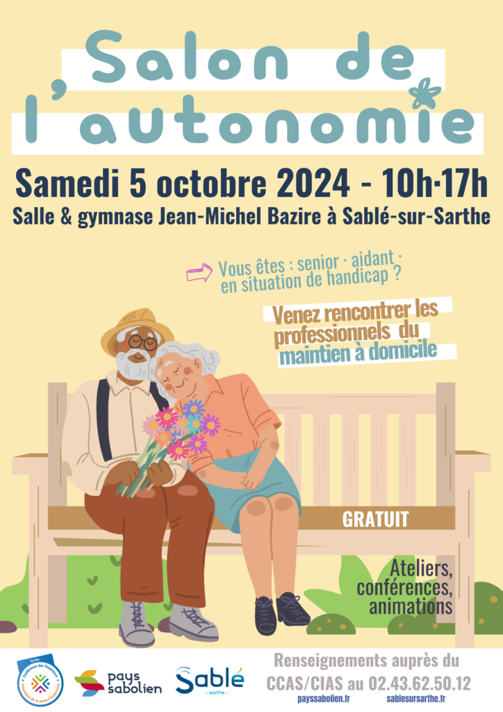 Salon autonomie le 5 octobre 2024, de 10h à 17h, salle et gymnase Jean-Michel Bazire à Sablé-sur-Sarthe. Visuel d'un couple de personnes âgées assis sur un banc.